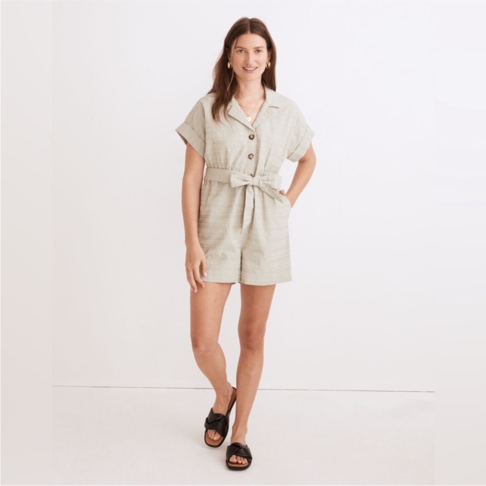Madewell Seersucker Camp Style Romper in green